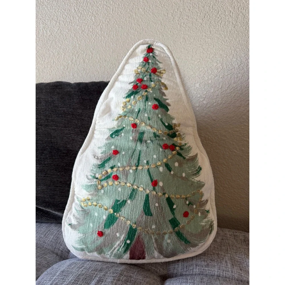 Hallmark Christmas Tree Shaped Throw Pillow Embroidered Pom Poms Gold 12x16